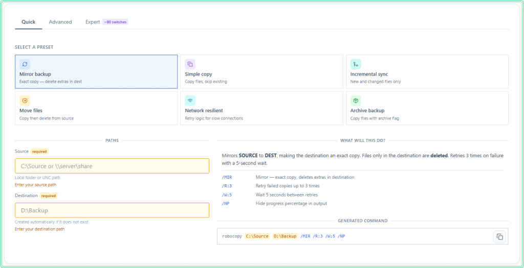 ROBOCOPY command builder