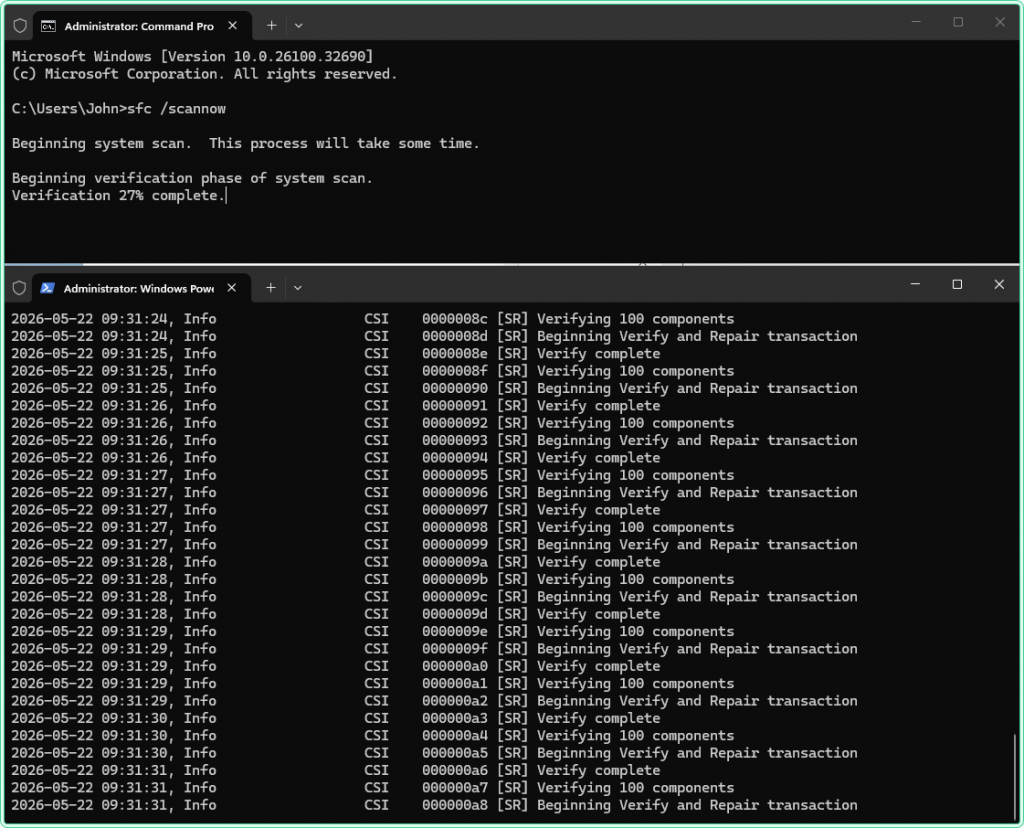 2 windows one showing running sfc /scannow and another whowing [SR] fetch in real-time