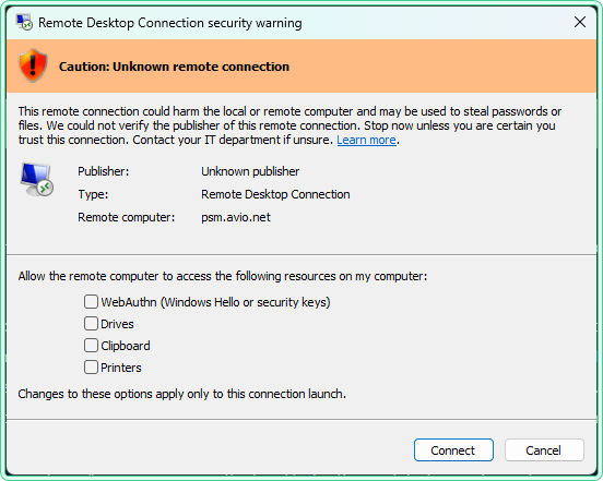 RDP connection security dialog showing Caution Unknown remote connection warning with Unknown publisher after April 2026 Windows update