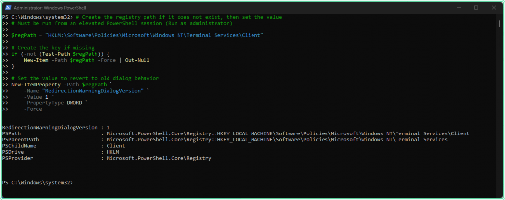 Elevated PowerShell showing registry command to revert RDP warning dialog