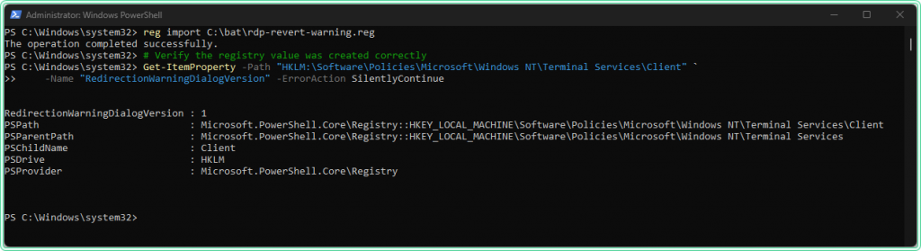 Confirmation that the registry key was applied successfully.