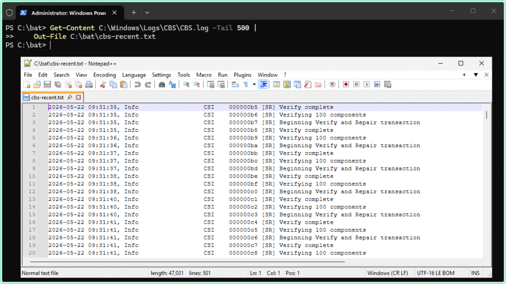 PowerShell window showing the Select-String and Out-File commands completed, with notepad open beside it showing the filtered CBS.log entries with SR tags and file names visible