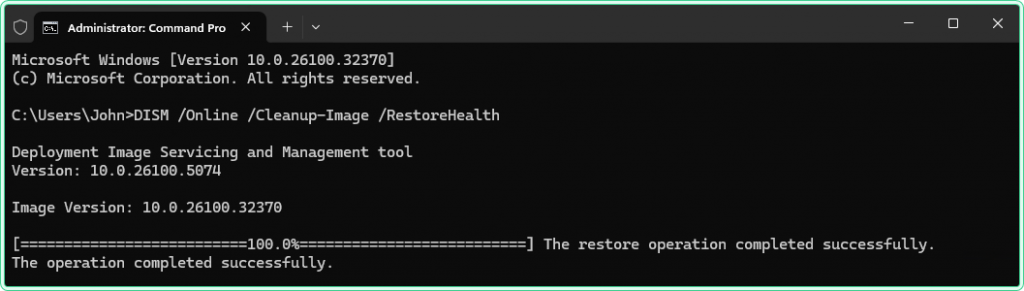 DISM /RestoreHealth running in elevated Command Prompt showing progress and completion message