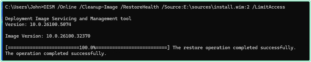 DISM offline repair command with /Source pointing to mounted ISO showing successful completion