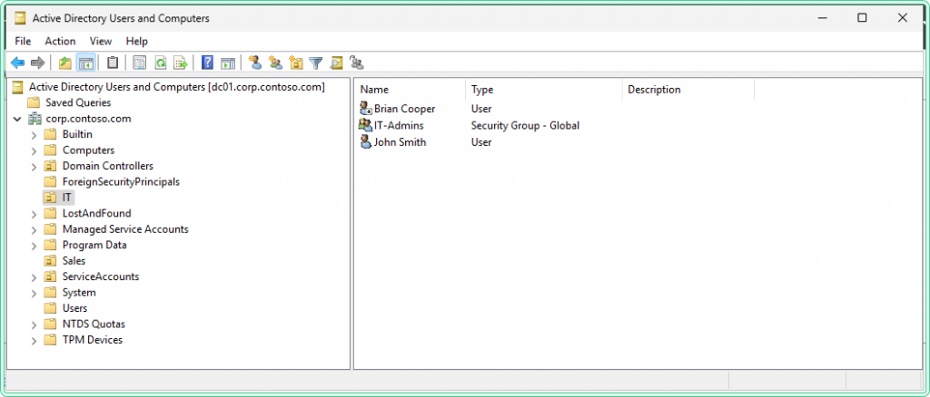 Active Directory Users and Computers showing corp.contoso.com with OUs IT, Sales, ServiceAccounts and dsquery lab user accounts