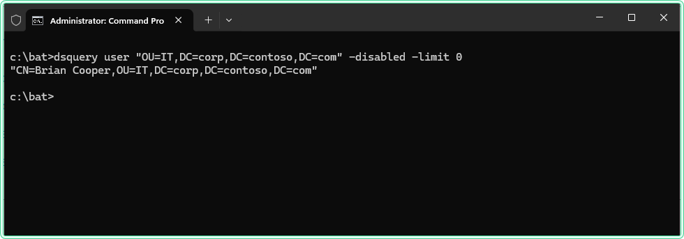 CMD output of dsquery user -disabled showing Brian Cooper in the IT OU of corp.contoso.com