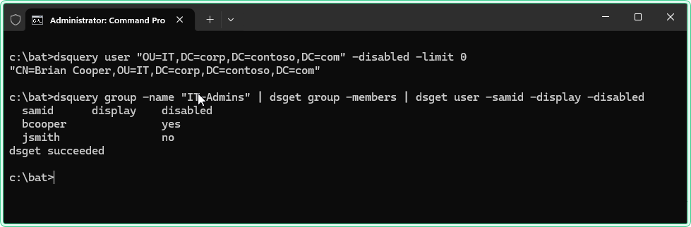 CMD showing dsquery piped into two dsget commands returning samid, display name, and disabled state for IT-Admins members