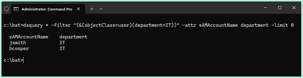 CMD output of dsquery LDAP filter showing sAMAccountName and department columns for bcooper and jsmith