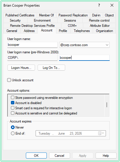 ADUC properties dialog of bcooper with Account is disabled checkbox ticked on the Account tab