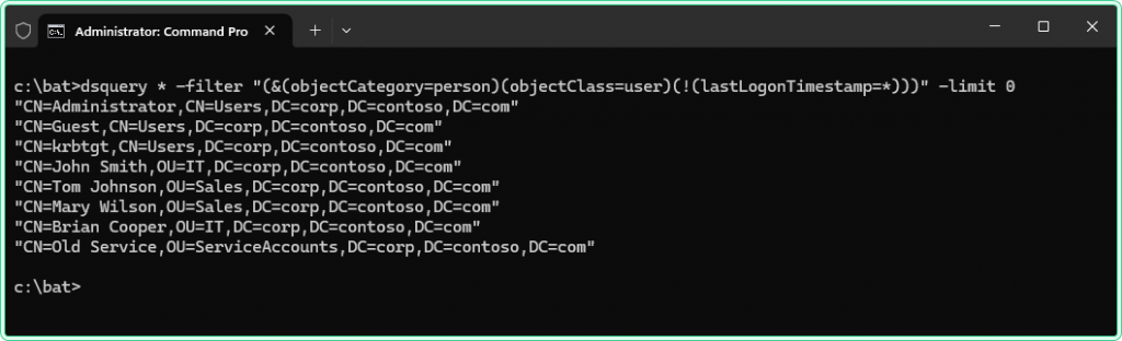 CMD showing dsquery LDAP filter for absent lastLogonTimestamp returning oldservice and built-in accounts