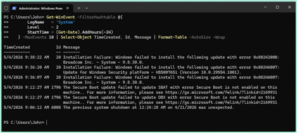 Get-WinEvent PowerShell command output showing System log errors with TimeCreated and Event ID