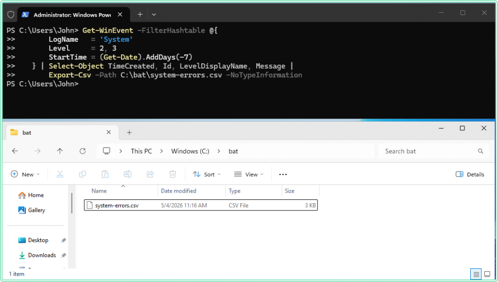 PowerShell Export-Csv command exporting Event Log data to a CSV file in C:\bat