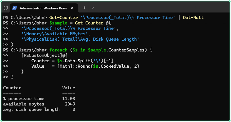 PowerShell session on Windows Server 2022 — three performance counters sampled at the same timestamp. Values are from a live server under moderate load.