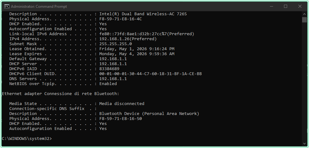 ipconfig /all command output showing Ethernet adapter configuration in Windows CMD