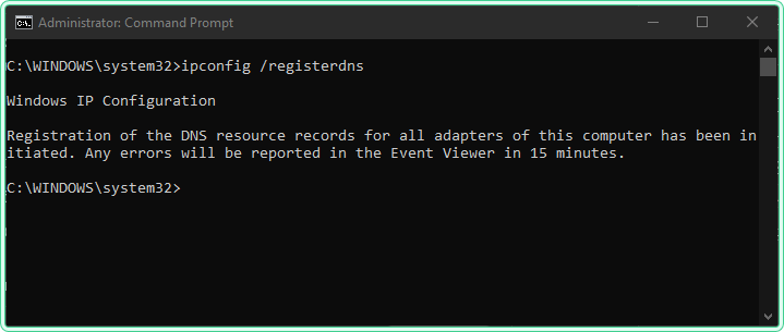 ipconfig /registerdns command output in elevated CMD prompt