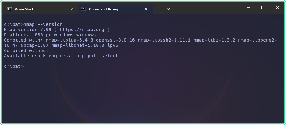 nmap --version output in Windows CMD showing version number and Npcap