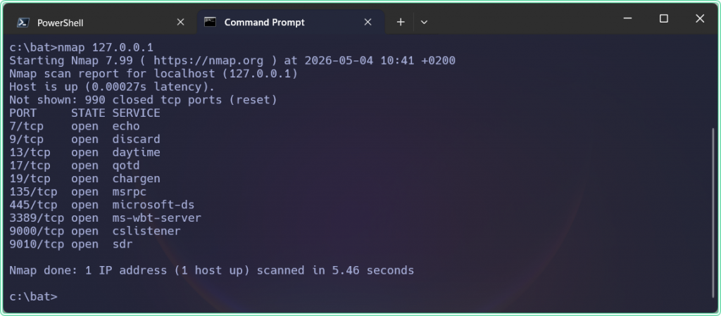 nmap scan output showing open ports on a local network host