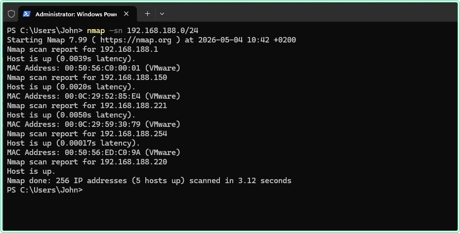 nmap -sn subnet scan output listing live hosts on a local network