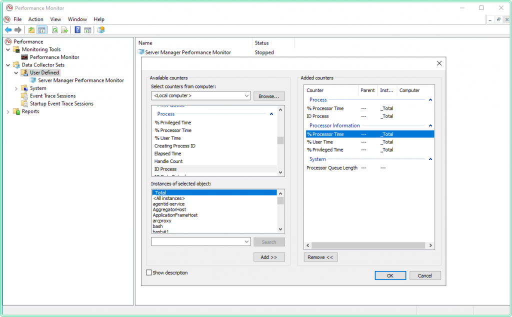 Performance Monitor — Add Counters dialog
