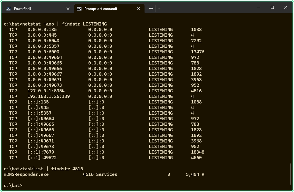 netstat command showing listening ports with PID in Windows CMD