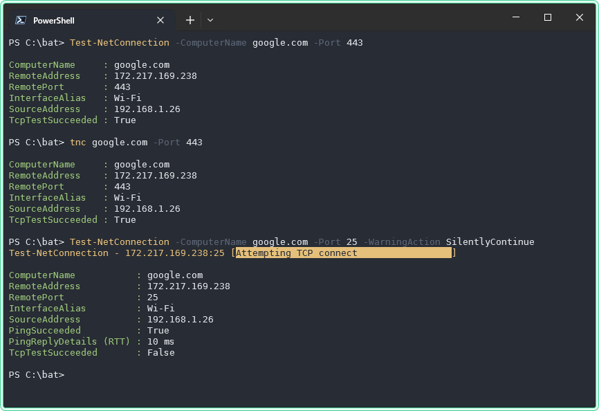 Test-NetConnection PowerShell output showing TcpTestSucceeded True