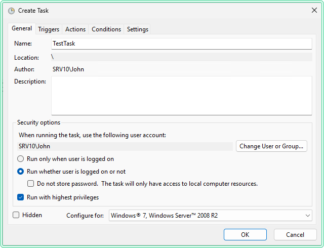 Task Scheduler Create Task General tab with TestTask name, run whether logged on or not selected, run with highest privileges checked