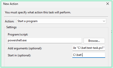 Task Scheduler New Action dialog showing powershell.exe with ExecutionPolicy Bypass NonInteractive File arguments and Start in set
