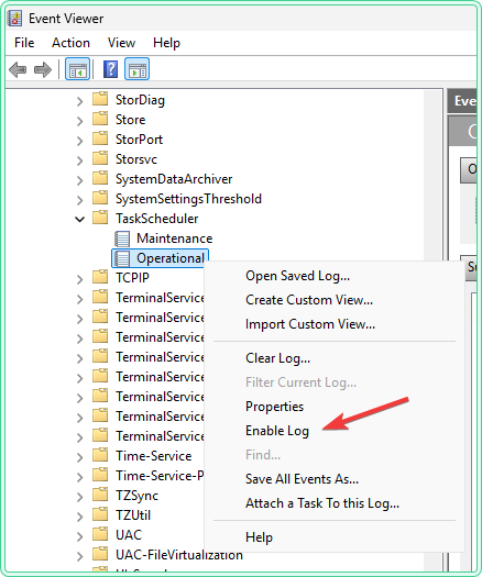 Event Viewer tree expanded to Microsoft Windows TaskScheduler with right-click context menu showing Enable Log option