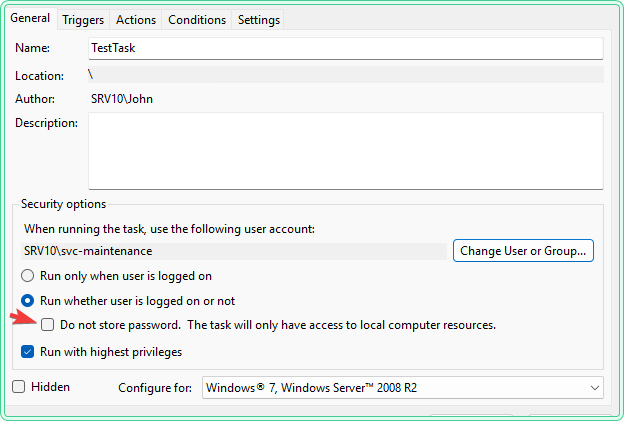 Task Scheduler General tab with run-as user set to DOMAIN svc-maintenance and Do not store password unchecked for network access