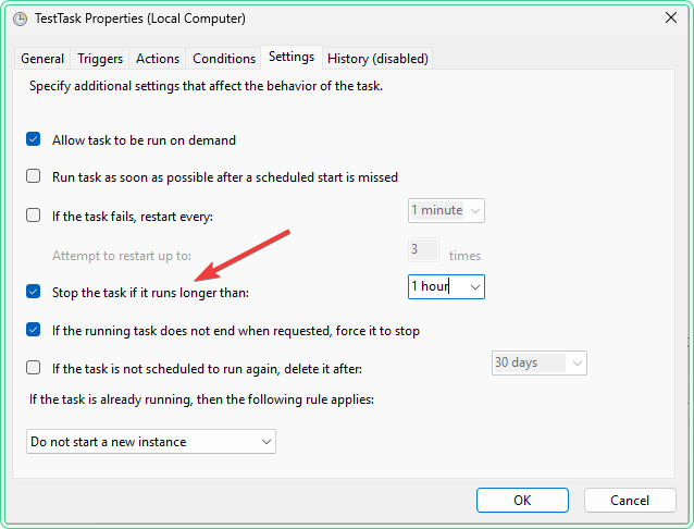 Task Scheduler Settings tab with Stop the task if it runs longer than enabled and set to 1 hour