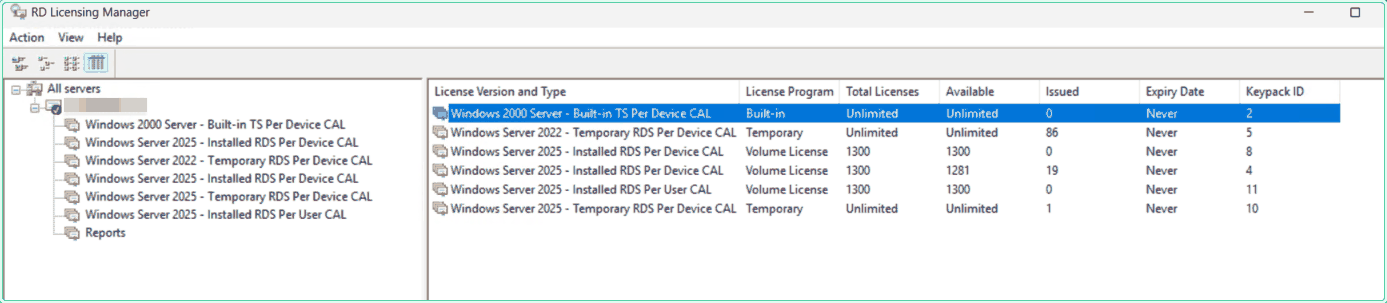 RD Licensing Manager listing six RDS key packs with no option to delete one