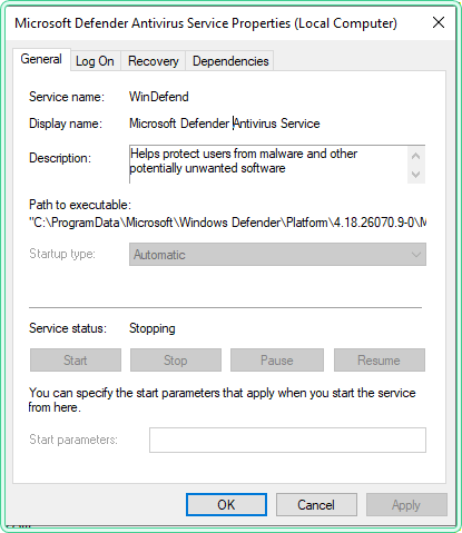 Microsoft Defender Antivirus Service properties in services.msc, service name WinDefend, status Stopping, Stop button greyed out