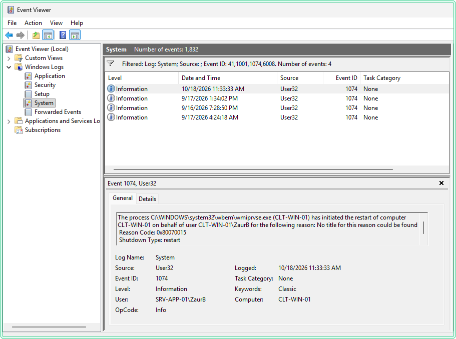 Event Viewer System log filtered by event IDs 41, 1001, 1074 and 6008, showing only planned restarts logged as event 1074 by User32