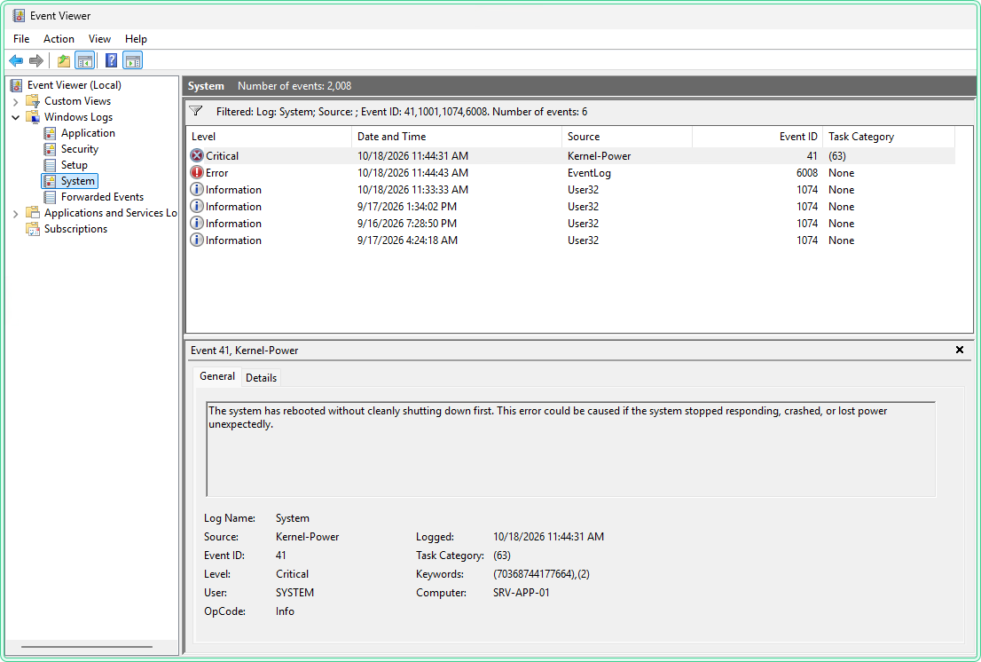 Event Viewer showing Kernel-Power event 41 Critical and EventLog event 6008 Error after a hard power off of SRV-APP-01