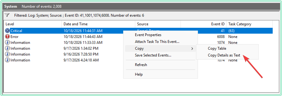 Event Viewer right-click menu on event 41 with Copy and Copy Details as Text