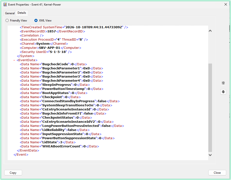 Event 41 XML View in Event Viewer showing BugcheckCode 0 and PowerButtonTimestamp 0 in EventData