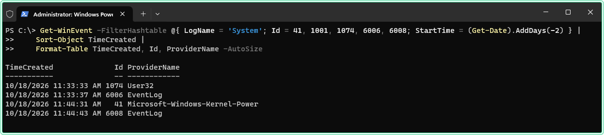 Get-WinEvent output on SRV-APP-01 with 1074 and 6006 at 11:33 and 41 and 6008 at 11:44