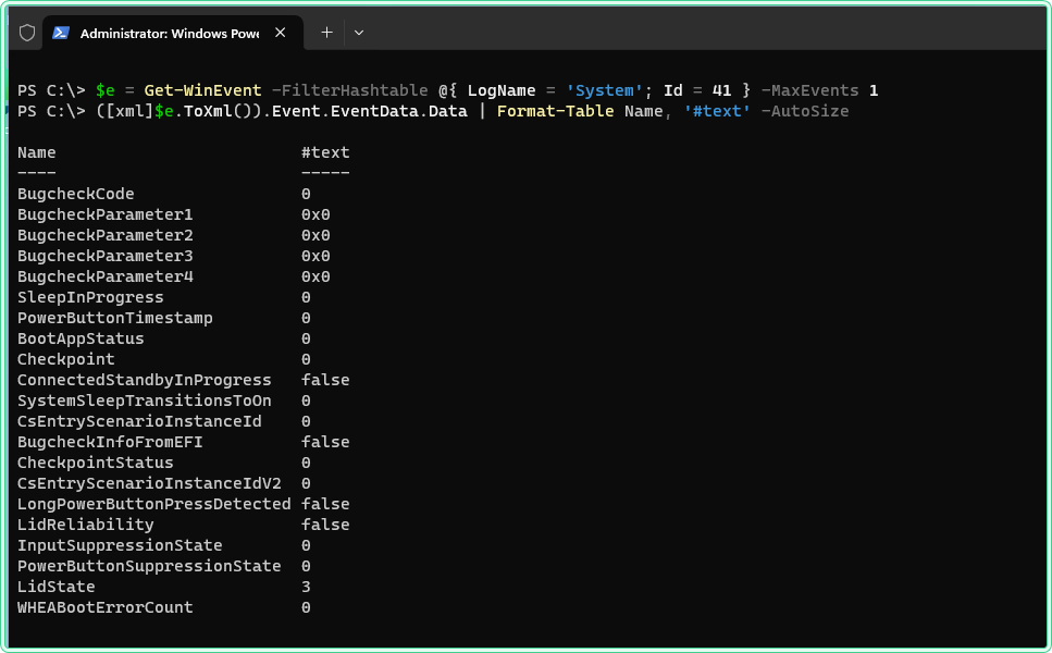 PowerShell output of the event 41 data fields with BugcheckCode 0 and PowerButtonTimestamp 0