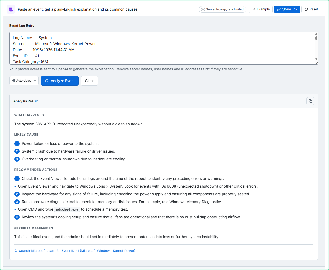 Event Log Analyzer result for Kernel-Power event 41 with what happened, likely cause, recommended actions and severity